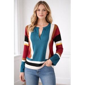 Alpha‎ Studio Sweater Women XS Teal Blue Colorblock Cotton Split Neck Pullover
